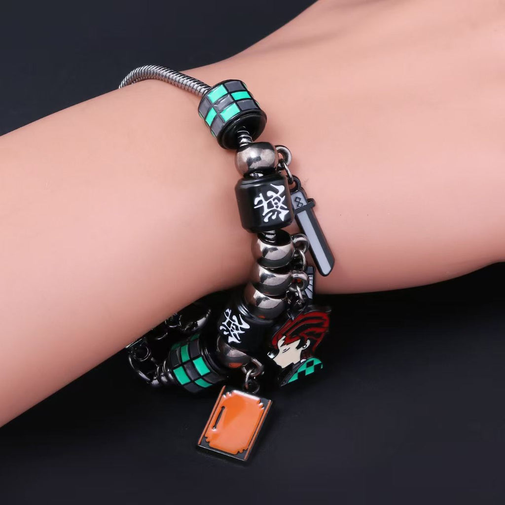 Demon Slayer Kamado Tanjiro Beaded Charm Bracelet, Adjustable Anime Chain