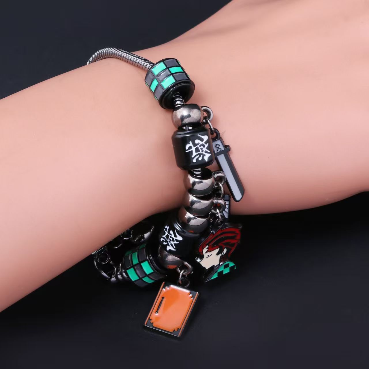 Demon Slayer Kamado Tanjiro Beaded Charm Bracelet, Adjustable Anime Chain