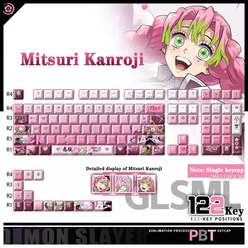 Demon Slayer Kanroji Mitsuri Keycaps 122 PBT Sublimation Keycap Set for Mechanical Keyboard with Detailed Display and Single Keycap Option