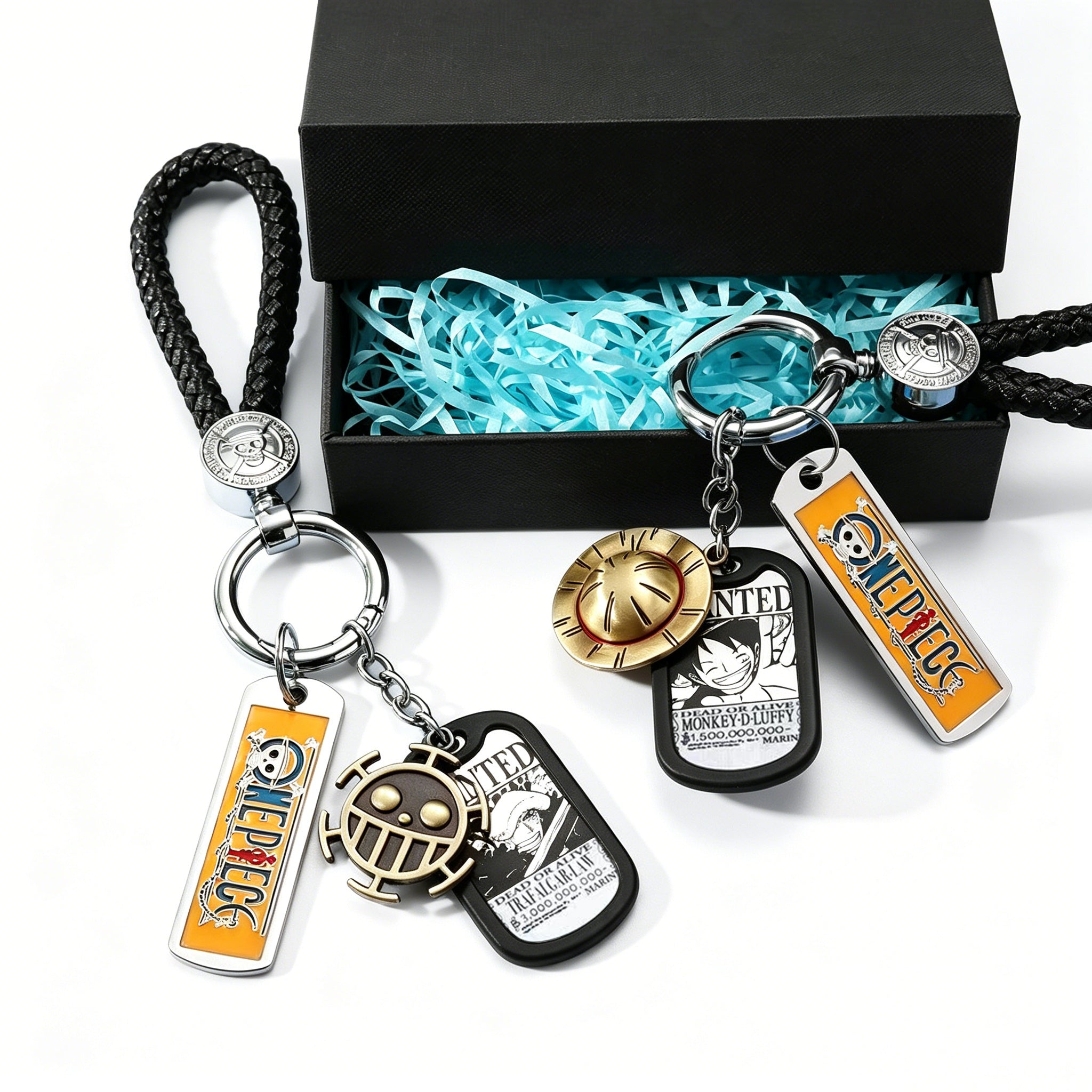 One Piece Anime Keychain Set - Braided Leather Wanted Poster Pendant Keychain