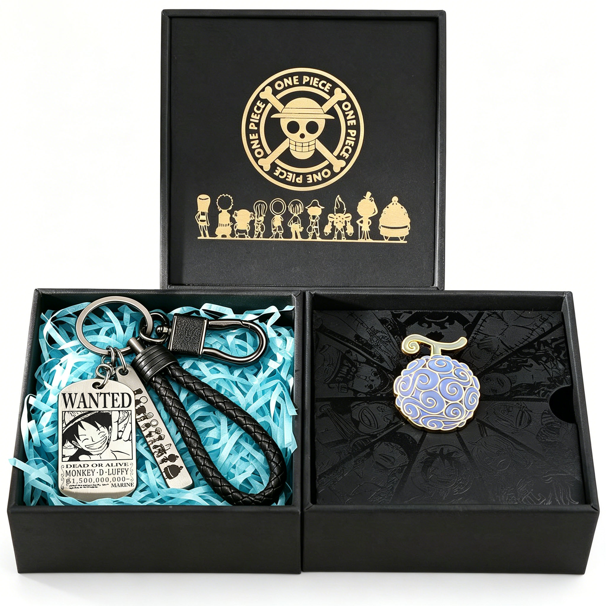 Porte-clés One Piece Luffy Ace Affiche Wanted & Épingle Fruit du Démon Coffret Cadeau, Porte-clés Anime en Métal avec Broche