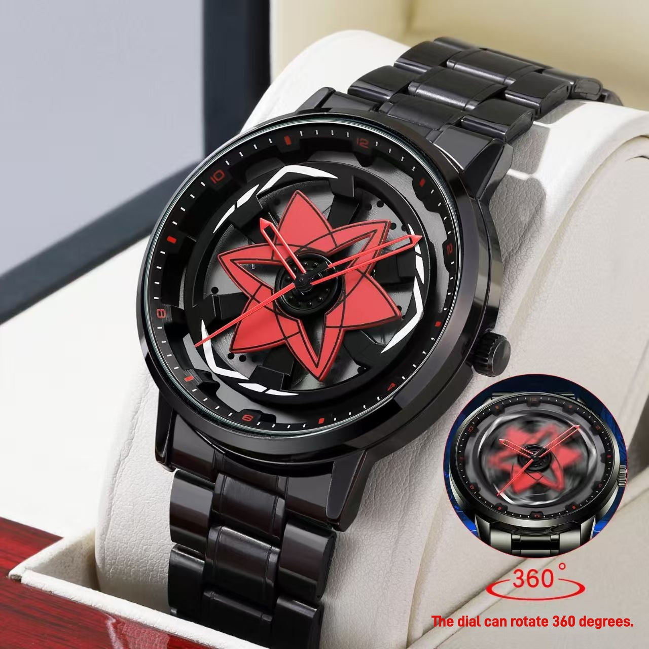 Naruto Sasuke Itachi Rotating Sharingan Watch Ring Set, Anime 360° Spinning Dial Stainless Steel Wrist Watch for Men