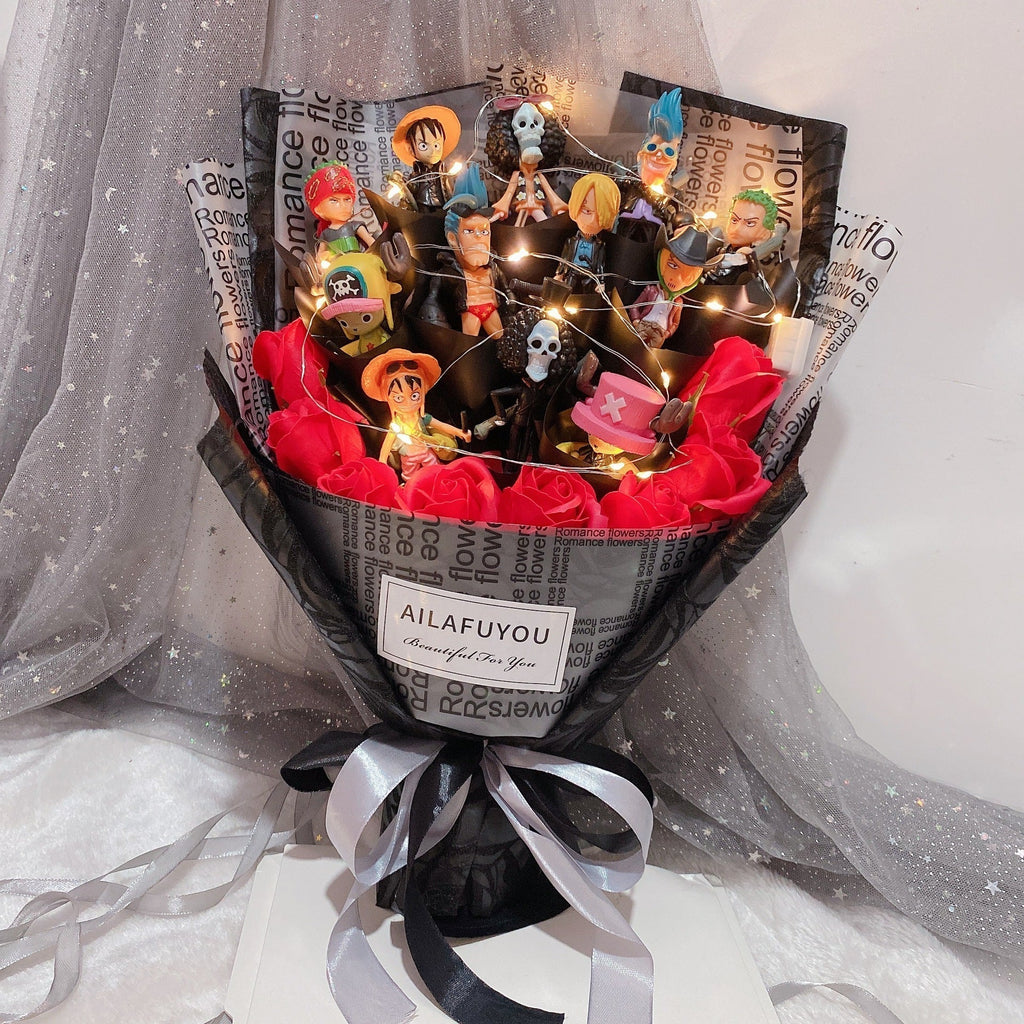 Bouquet de Savons Roses Faits à la Main Luffy/Zoro avec LED pour Cadeaux Romantiques de la Saint-Valentin