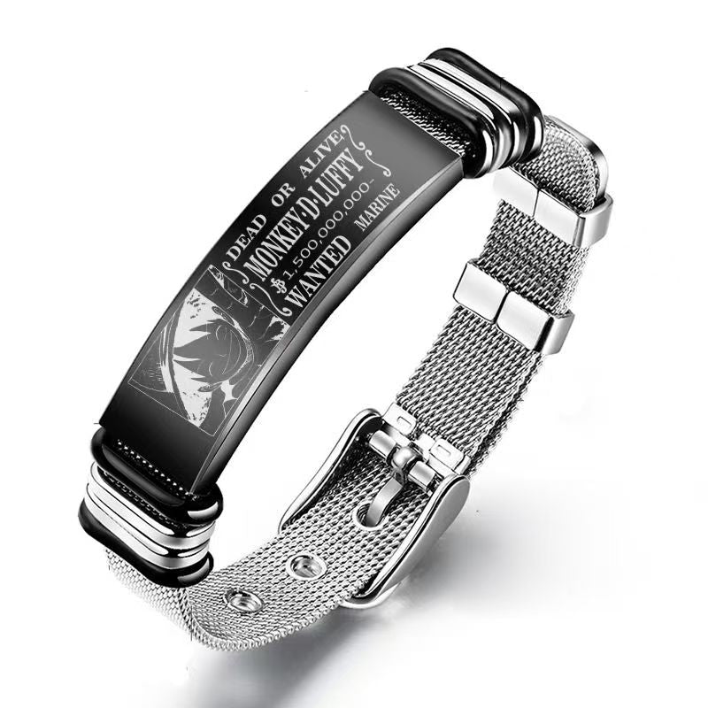 Bracelet en maille d'acier inoxydable avec poster de recherche gravé One Piece Monkey D. Luffy Roronoa Zoro, réglable, cadeau bijoux anime