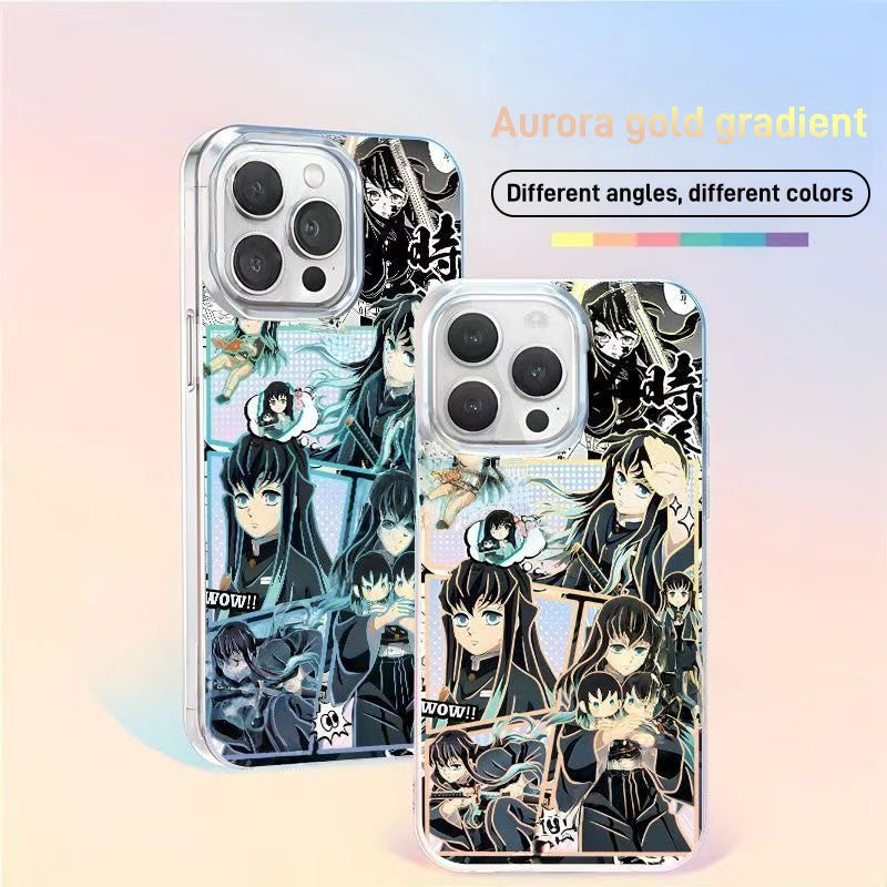 Demon Slayer Tokito Muichiro Anime Phone Case, Aurora Gradient Comic Collage Shockproof Airbag Protective Case For All iPhone Models Removable Lens Frame Clear Cell Phone Cover