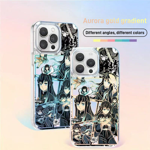 Demon Slayer Tokito Muichiro Anime Phone Case, Aurora Gradient Comic Collage Shockproof Airbag Protective Case For All iPhone Models Removable Lens Frame Clear Cell Phone Cover