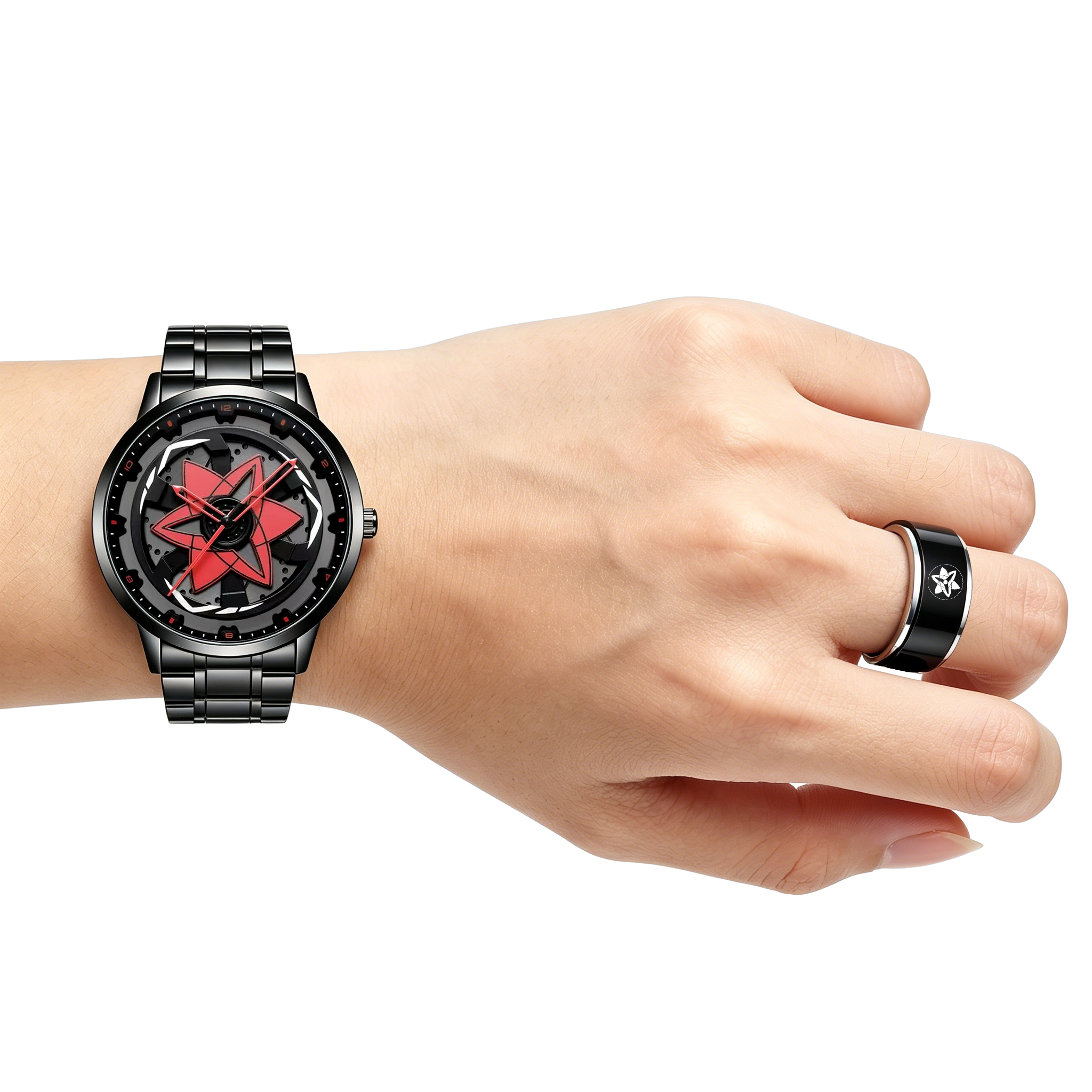 Naruto Sasuke Itachi Rotating Sharingan Watch Ring Set, Anime 360° Spinning Dial Stainless Steel Wrist Watch for Men