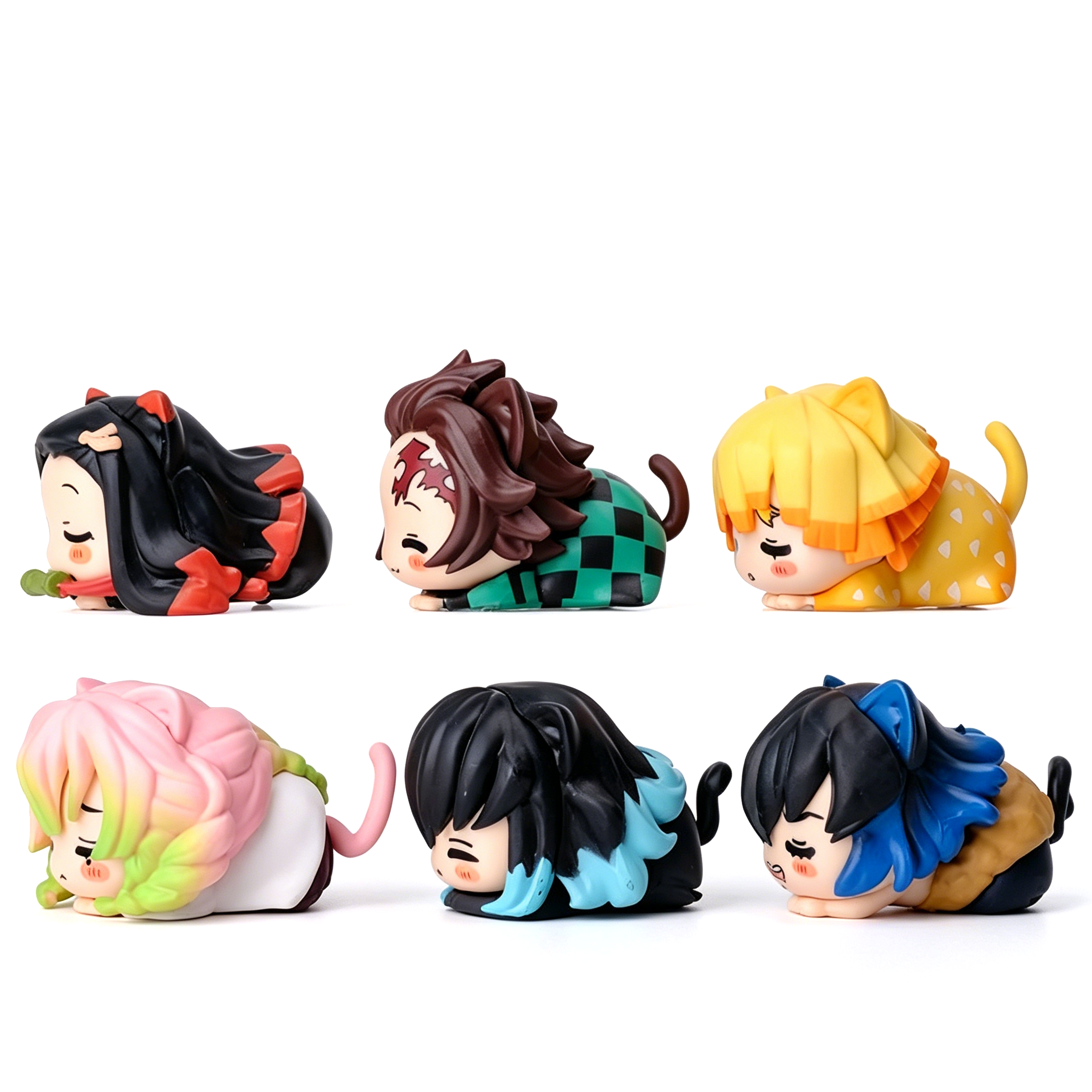 Demon Slayer Nezuko Tanjiro Cat Ear Chibi Figures, 6pcs Anime Sleeping Figurine Set