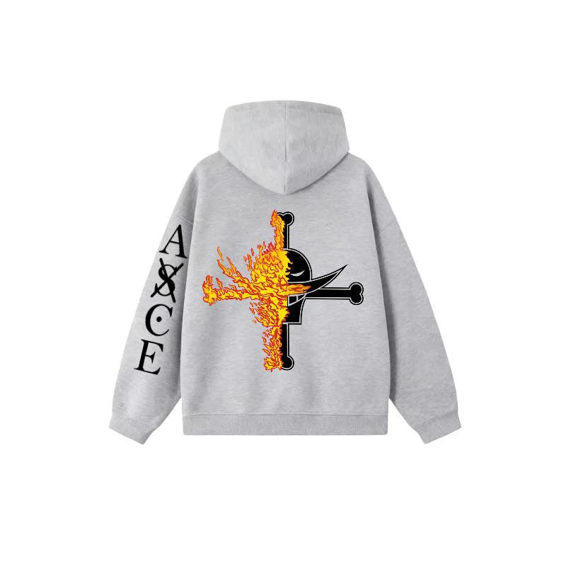 One Piece  Portgas D. Ace Embroidered Fleece Hoodie Warm Oversized Sweatshirt with Kangaroo Pocket