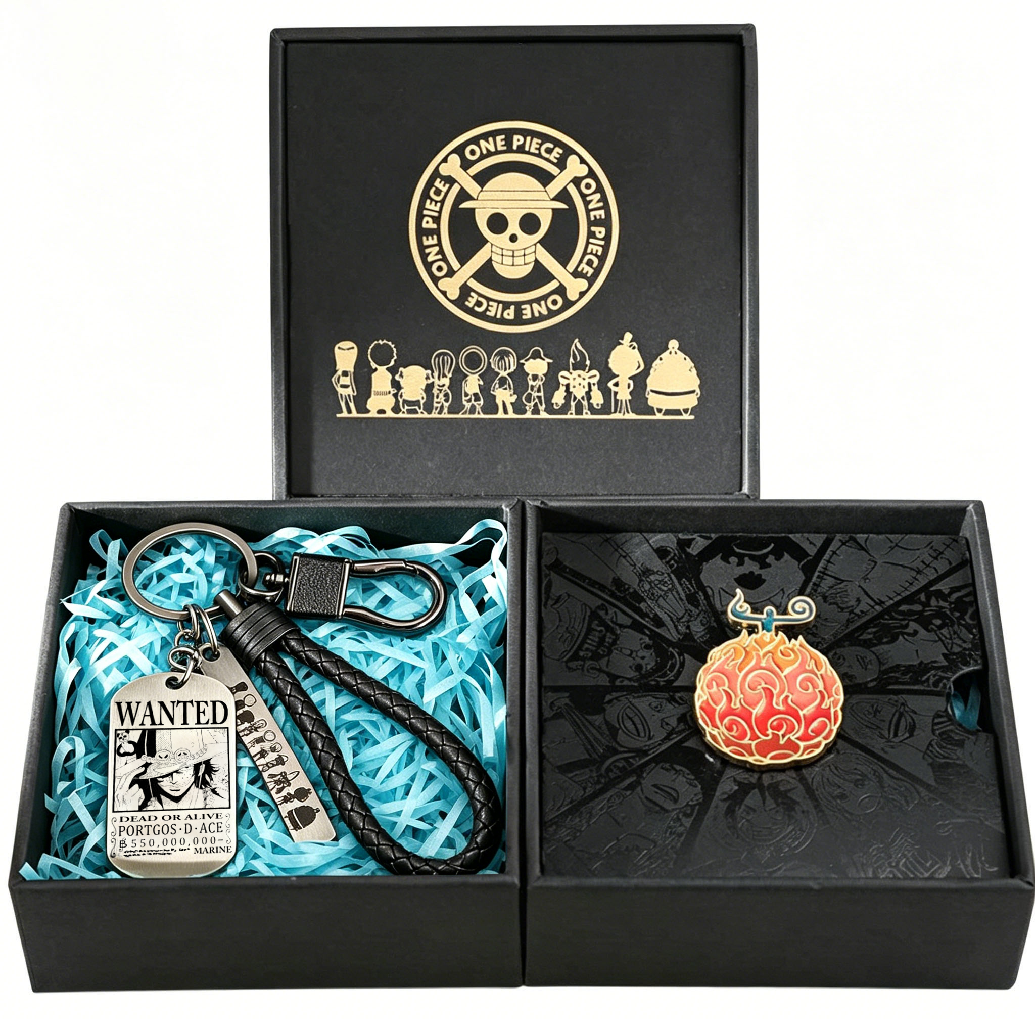 Porte-clés One Piece Luffy Ace Affiche Wanted & Épingle Fruit du Démon Coffret Cadeau, Porte-clés Anime en Métal avec Broche