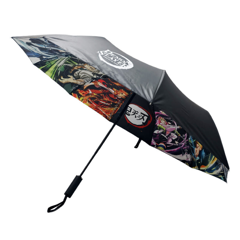 Demon Slayer Tanjiro Nezuko Automatic Folding Umbrella, Anime Hashira Print Black Coated Sun Rain Portable Umbrella