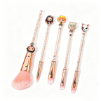 Demon Slayer Tanjiro Nezuko 5 Pcs Trousse de pinceaux de maquillage Anime, brosses cosmétiques or rose avec pochette de rangement