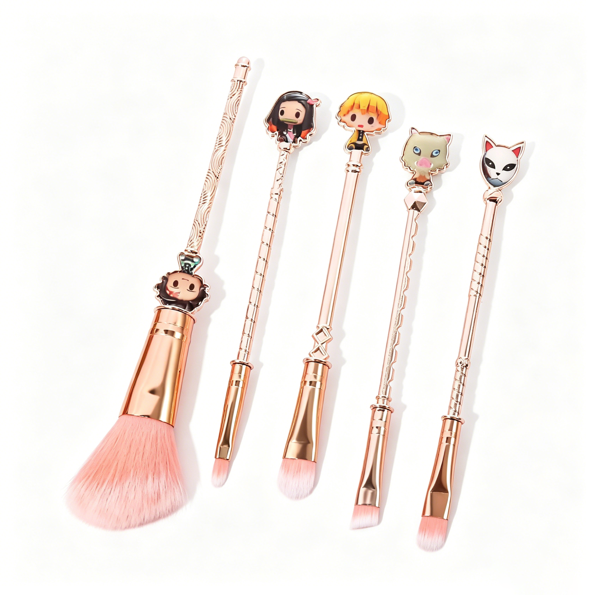 Demon Slayer Tanjiro Nezuko 5 Pcs Trousse de pinceaux de maquillage Anime, brosses cosmétiques or rose avec pochette de rangement