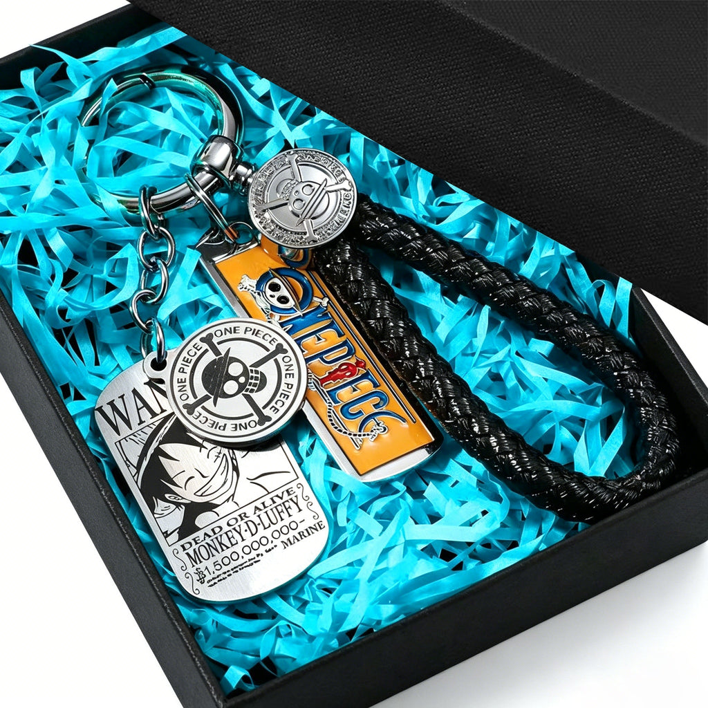 One Piece Anime Keychain Set - Braided Leather Wanted Poster Pendant Keychain