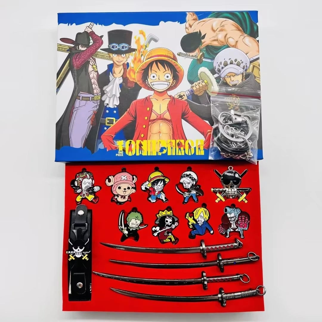 Ensemble de bijoux One Piece Luffy Zoro Anime, porte-clés affiche de recherche épée fruit du démon boîte de collection en métal