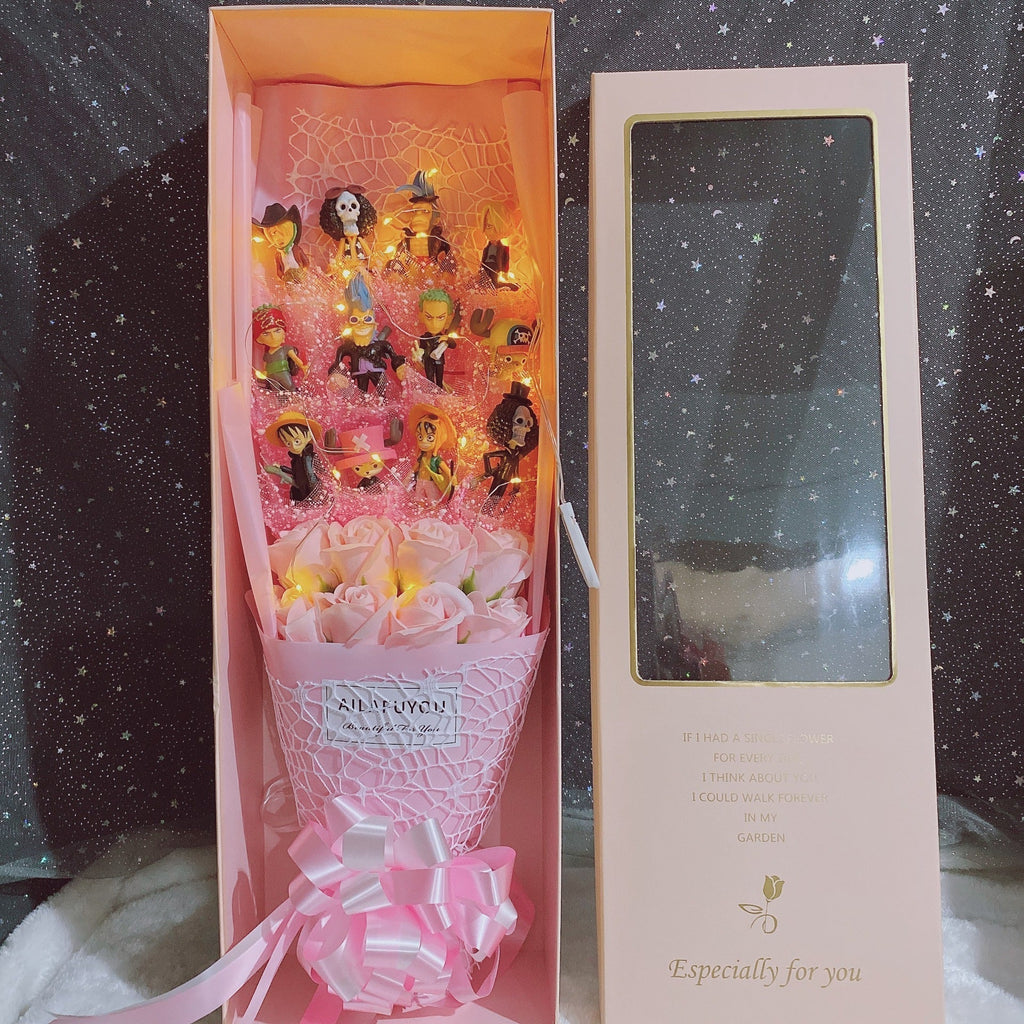 Bouquet de Savons Roses Faits à la Main Luffy/Zoro avec LED pour Cadeaux Romantiques de la Saint-Valentin