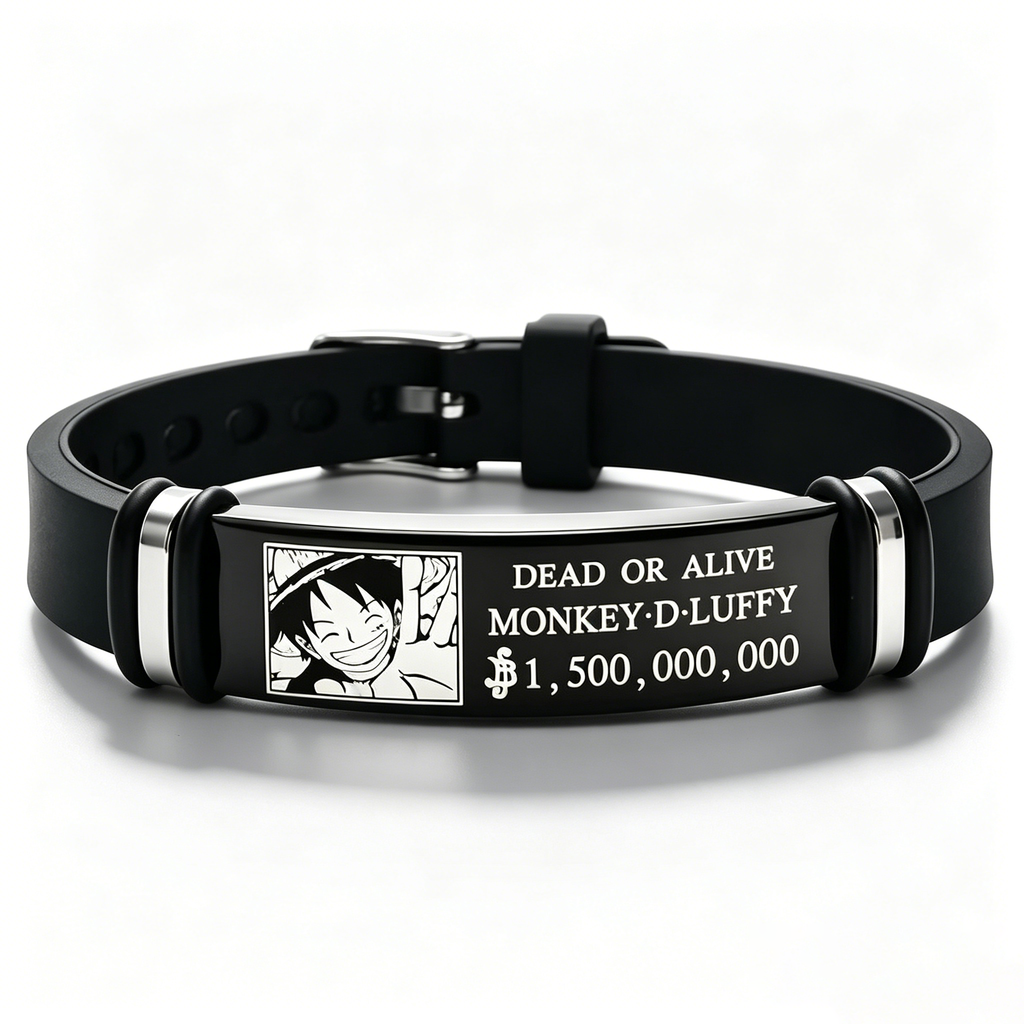 One Piece Luffy Wanted Bounty Bracelet, Monkey D Luffy Anime Stainless Steel Silicone Wristband
