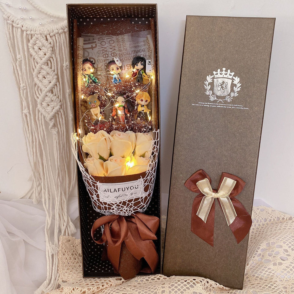 Bouquet de roses LED faites à la main avec savon Kamado Tanjirou pour une ambiance romantique