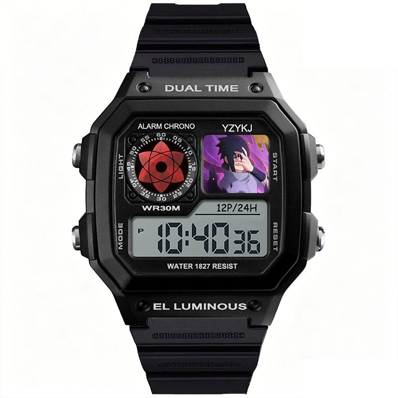 Naruto Sasuke Anime Digital Sports Watch, 30M Waterproof Dual Time EL Backlight Chronograph Wrist Watch