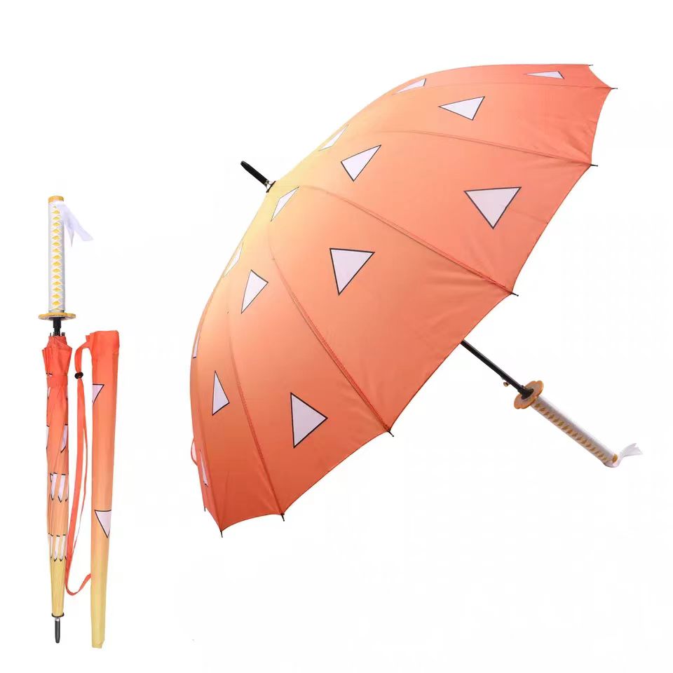 Demon Slayer Tanjiro Zenitsu Shinobu Katana Sword Handle Umbrella, Anime Pattern Windproof Straight Rain Sun Umbrella