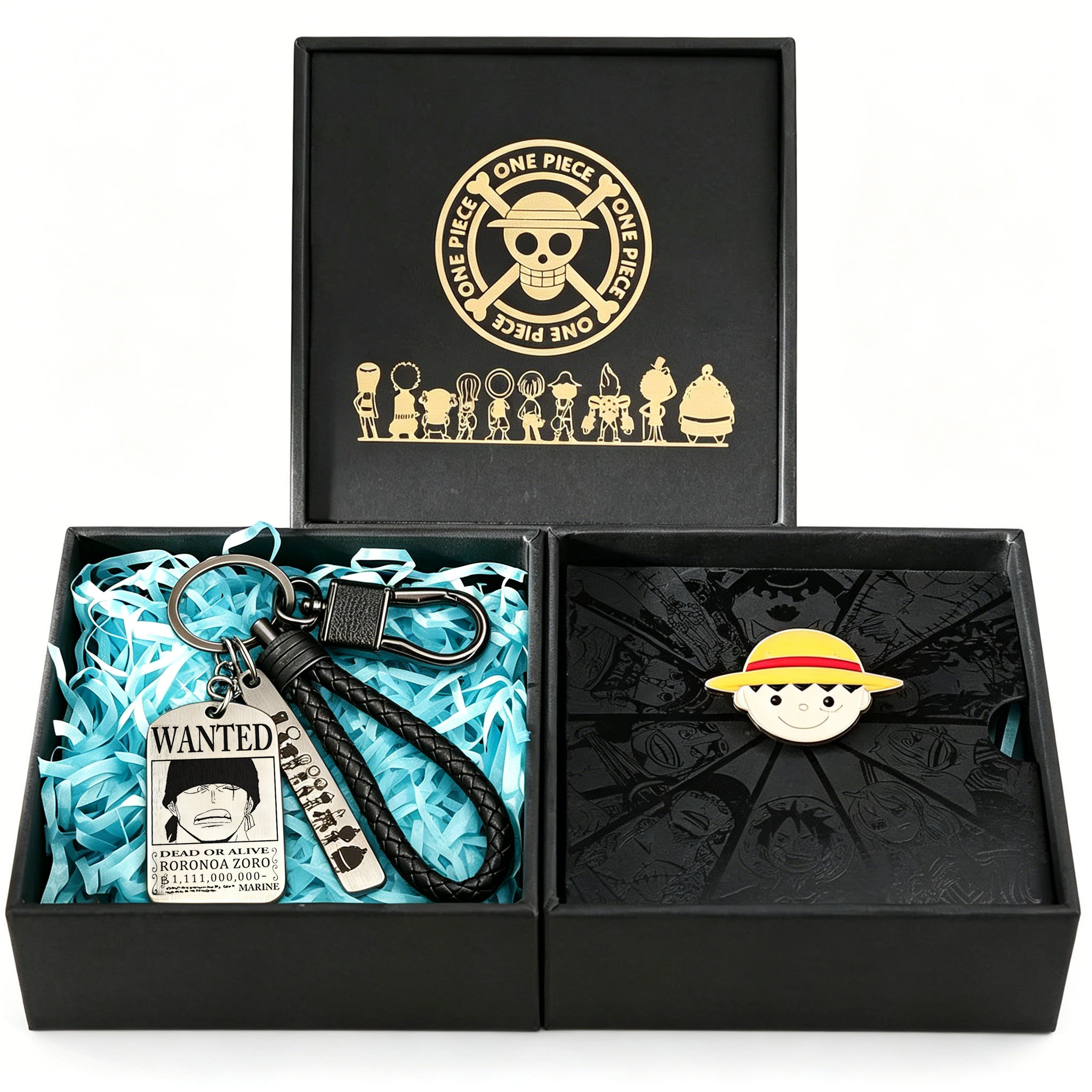 Porte-clés One Piece Luffy Ace Affiche Wanted & Épingle Fruit du Démon Coffret Cadeau, Porte-clés Anime en Métal avec Broche