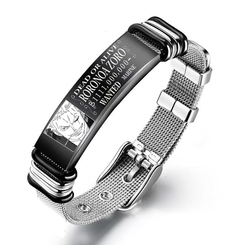 One Piece Monkey D Luffy Roronoa Zoro Engraved Wanted Poster Stainless Steel Mesh Bracelet, Adjustable Anime Wrist Band Jewelry Gift