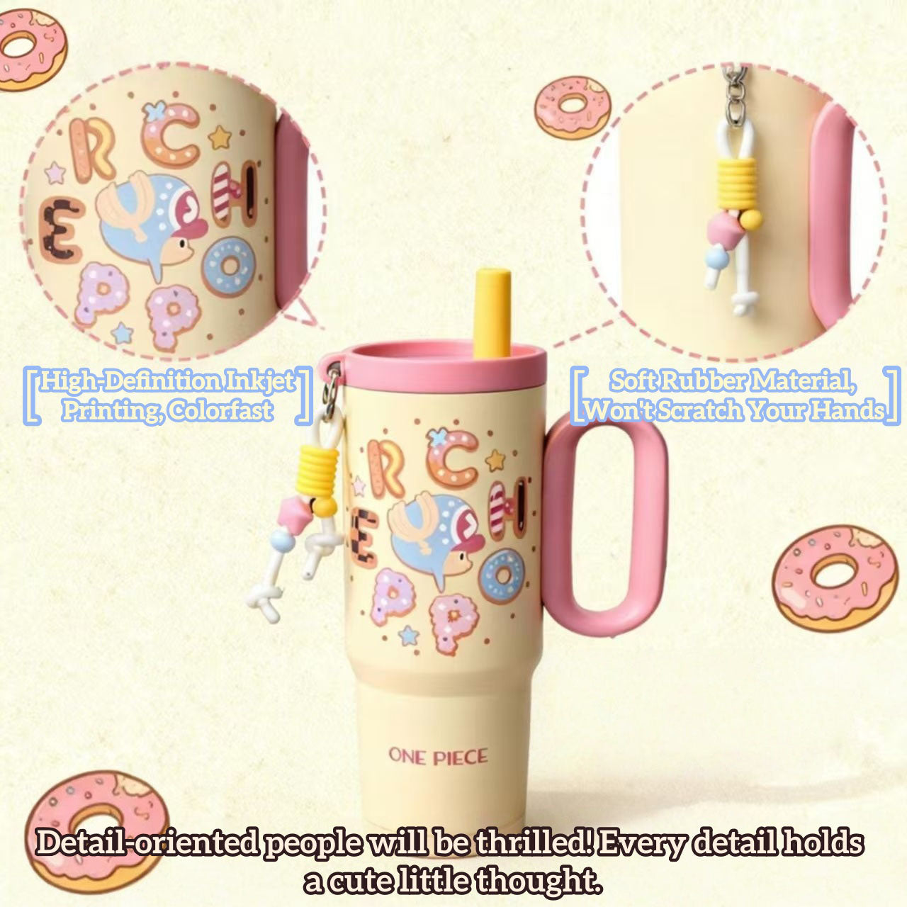 ONE PIECE Tony Tony Chopper Tumbler | Macaron Donut Design Cup with Handle & Straw