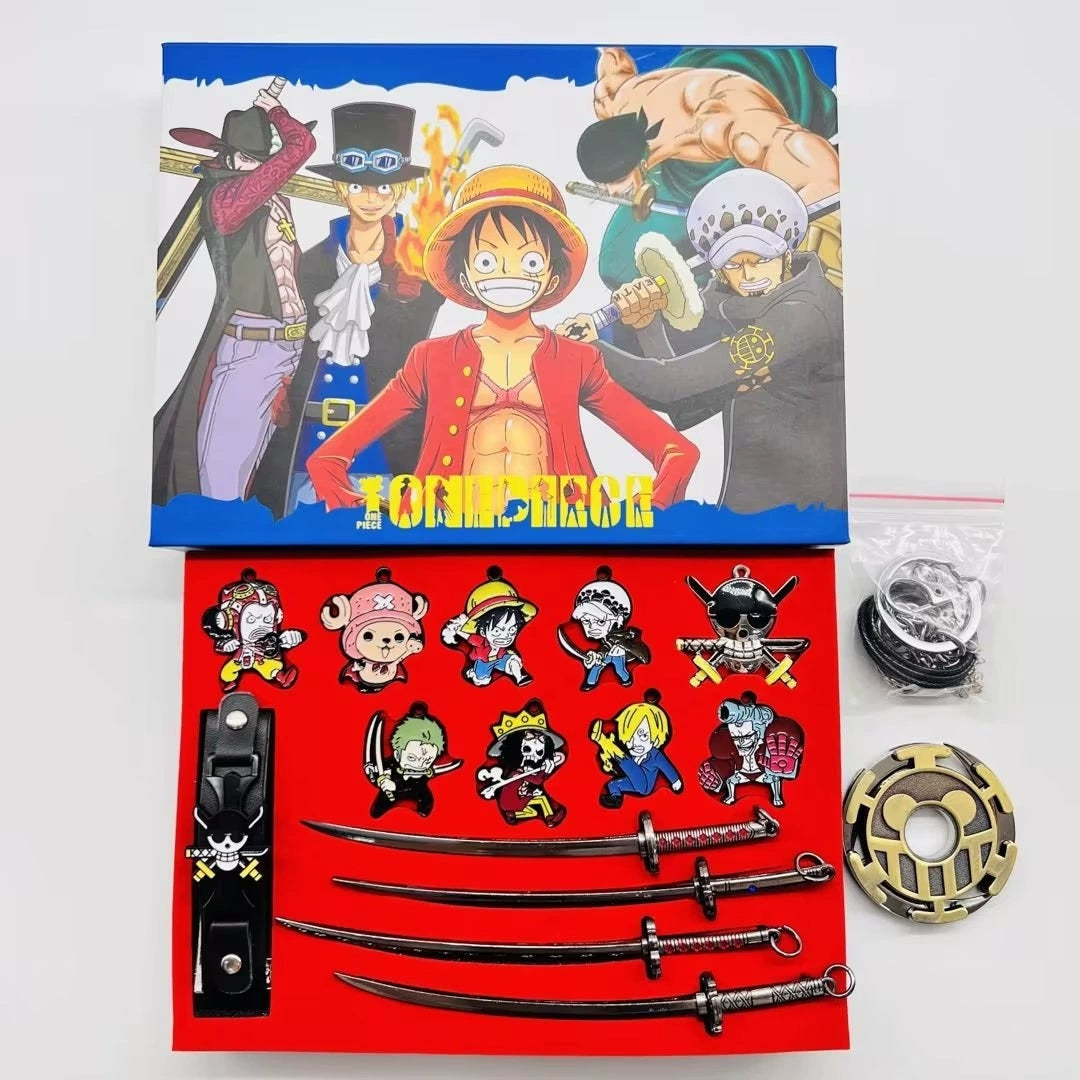 Ensemble de bijoux One Piece Luffy Zoro Anime, porte-clés affiche de recherche épée fruit du démon boîte de collection en métal