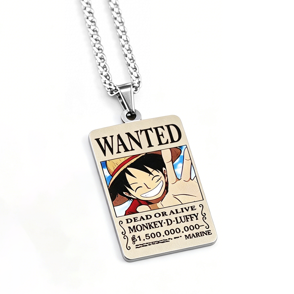 One Piece Monkey D. Luffy Ensemble de Bijoux 3 Pièces, Collier Affiche de Recherche + Bracelet Chapeau de Paille + Pin's Émaillé, Pack d'Accessoires de Collection Anime