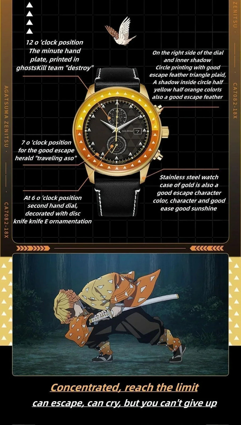 Montre unisexe de sport à quartz analogique Agatsuma Zenitsu pour hommes 100M étanche