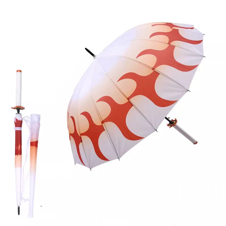 Demon Slayer Tanjiro Zenitsu Shinobu Katana Sword Handle Umbrella, Anime Pattern Windproof Straight Rain Sun Umbrella
