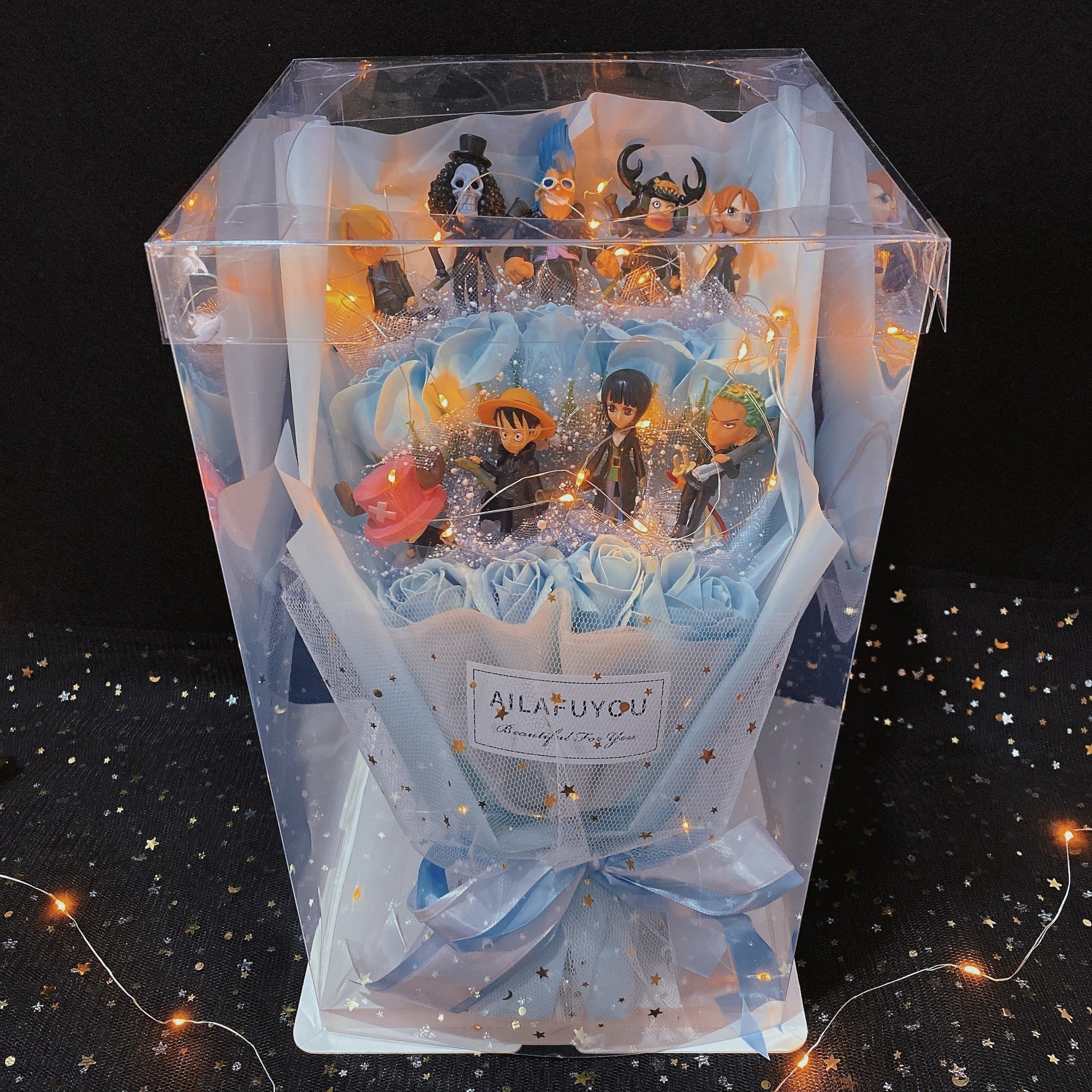 Bouquet de Savons Roses Faits à la Main Luffy/Zoro avec LED pour Cadeaux Romantiques de la Saint-Valentin