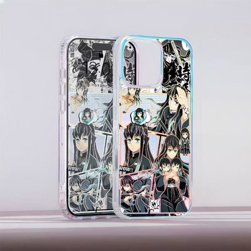 Demon Slayer Tokito Muichiro Anime Phone Case, Aurora Gradient Comic Collage Shockproof Airbag Protective Case For All iPhone Models Removable Lens Frame Clear Cell Phone Cover