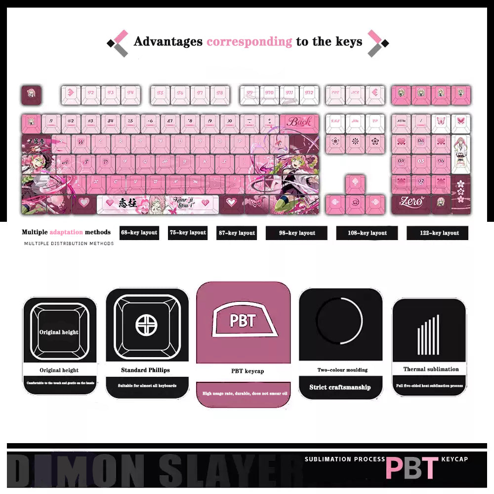 Demon Slayer Kanroji Mitsuri Keycaps 122 PBT Sublimation Keycap Set for Mechanical Keyboard with Detailed Display and Single Keycap Option