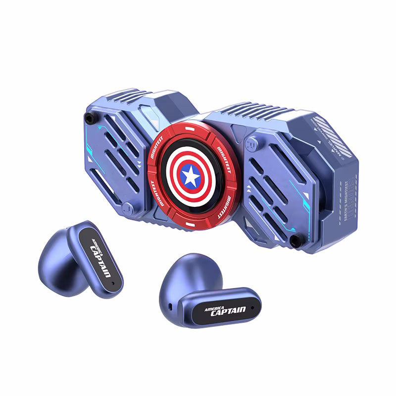 Écouteurs sans fil TWS Bluetooth 5.4 Marvel Iron Man Captain America Fidget Spinner, écouteurs sans fil à rabat magnétique Mecha en alliage de zinc