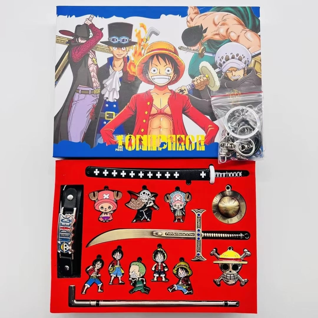 Ensemble de bijoux One Piece Luffy Zoro Anime, porte-clés affiche de recherche épée fruit du démon boîte de collection en métal