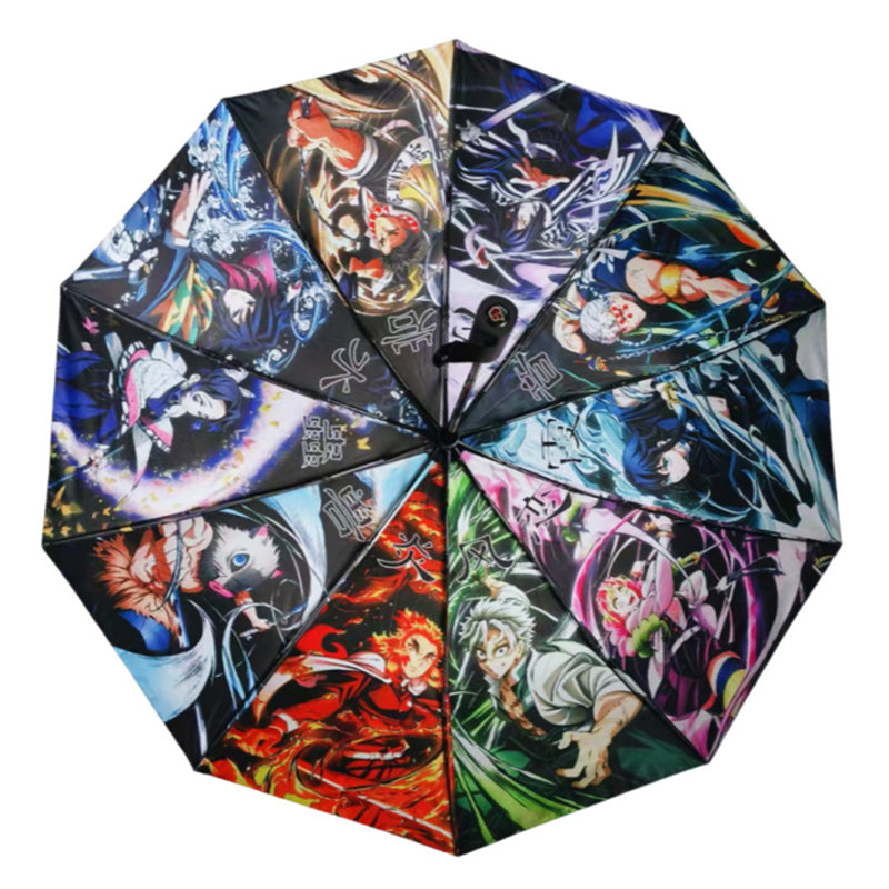 Demon Slayer Tanjiro Nezuko Automatic Folding Umbrella, Anime Hashira Print Black Coated Sun Rain Portable Umbrella