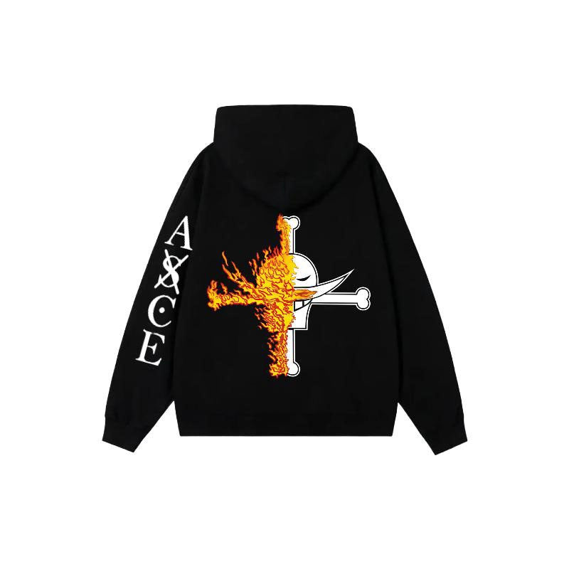 One Piece  Portgas D. Ace Embroidered Fleece Hoodie Warm Oversized Sweatshirt with Kangaroo Pocket