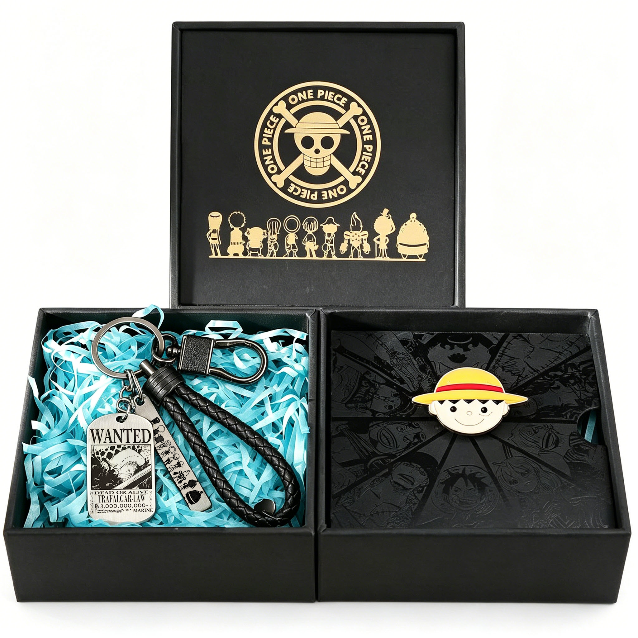 Porte-clés One Piece Luffy Ace Affiche Wanted & Épingle Fruit du Démon Coffret Cadeau, Porte-clés Anime en Métal avec Broche