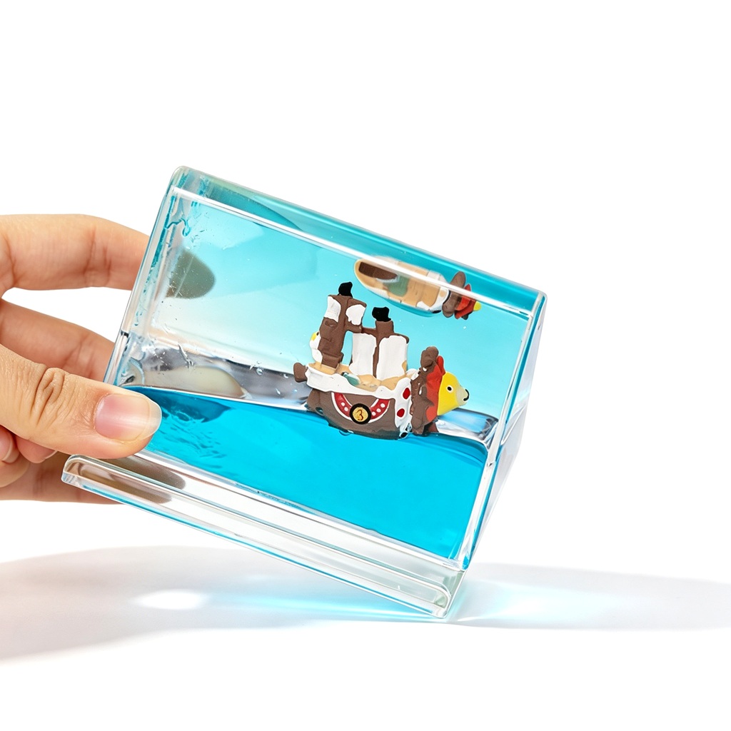 One Piece Thousand Sunny & Going Merry Liquid Floating Phone Stand - Anime Acrylic Desk Decor