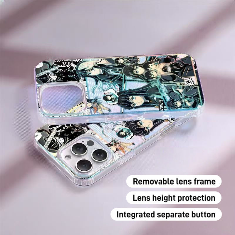 Demon Slayer Tokito Muichiro Anime Phone Case, Aurora Gradient Comic Collage Shockproof Airbag Protective Case For All iPhone Models Removable Lens Frame Clear Cell Phone Cover