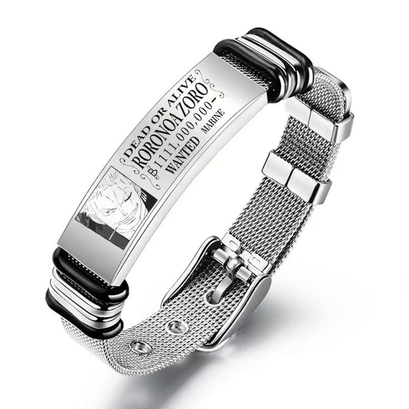 Bracelet en maille d'acier inoxydable avec poster de recherche gravé One Piece Monkey D. Luffy Roronoa Zoro, réglable, cadeau bijoux anime