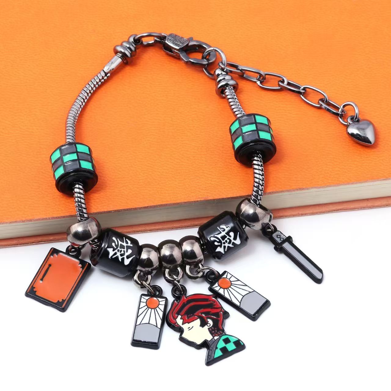 Demon Slayer Kamado Tanjiro Beaded Charm Bracelet, Adjustable Anime Chain