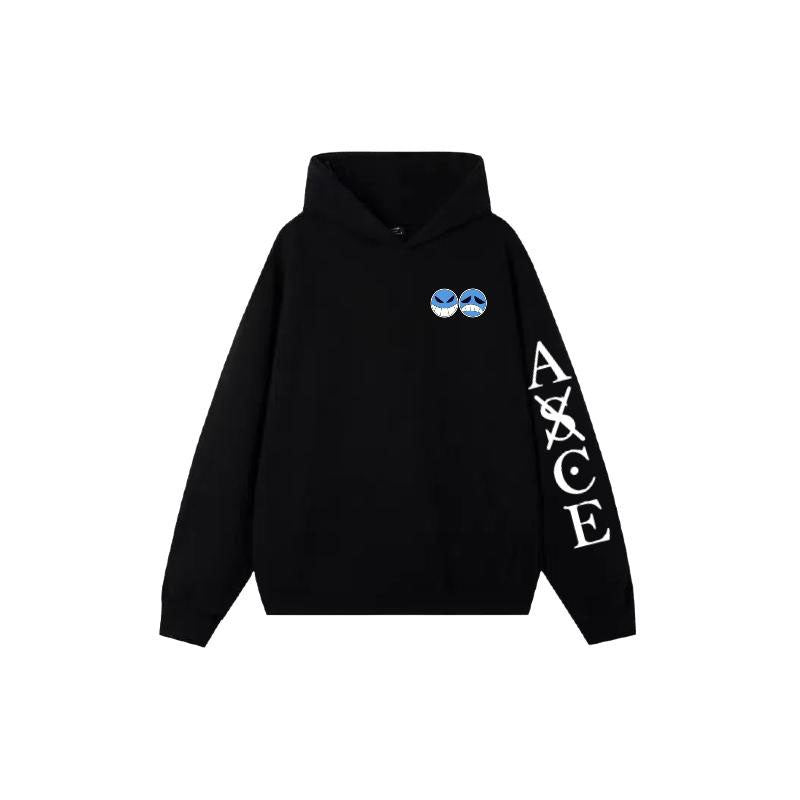 One Piece  Portgas D. Ace Embroidered Fleece Hoodie Warm Oversized Sweatshirt with Kangaroo Pocket