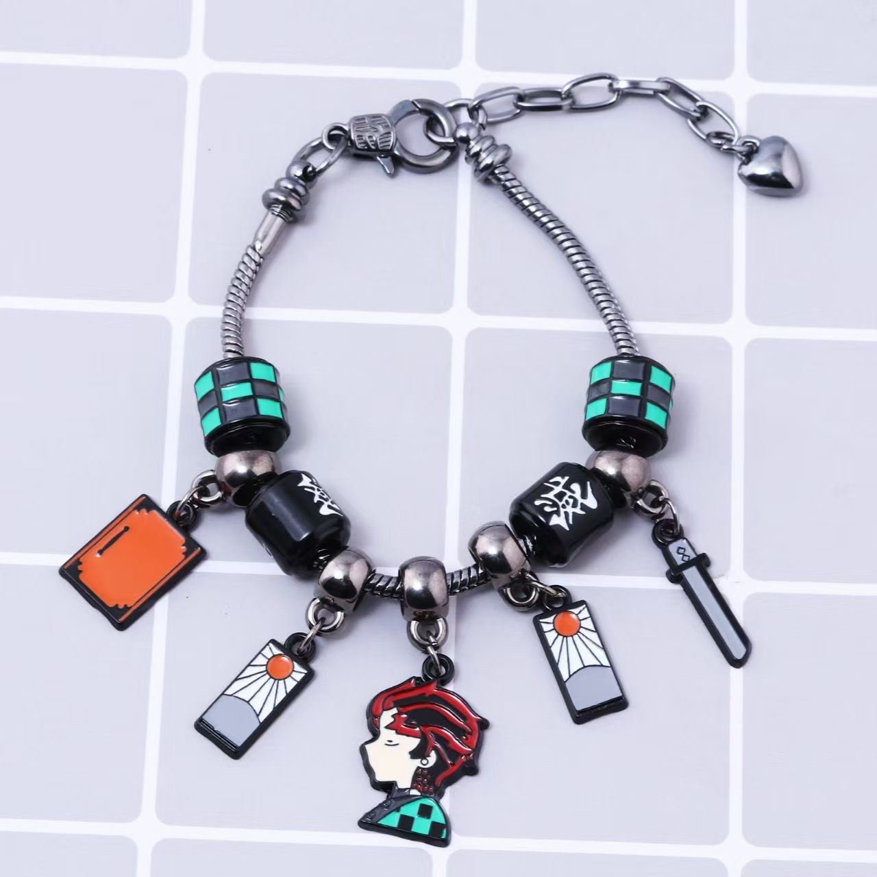 Demon Slayer Kamado Tanjiro Beaded Charm Bracelet, Adjustable Anime Chain