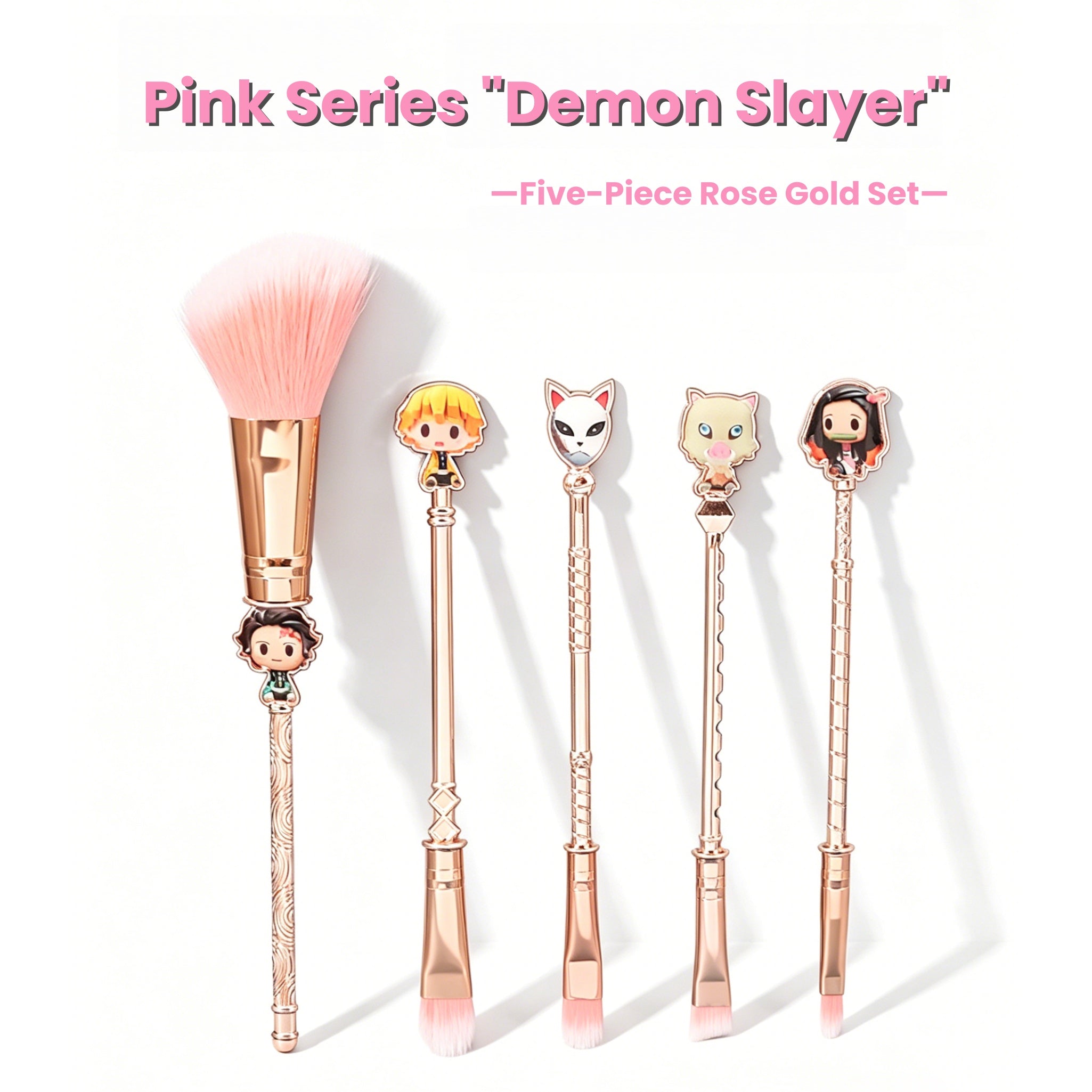 Demon Slayer Tanjiro Nezuko 5 Pcs Trousse de pinceaux de maquillage Anime, brosses cosmétiques or rose avec pochette de rangement