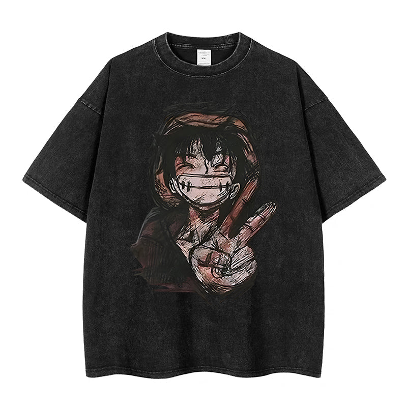 Monkey D Luffy Vintage Washed Oversized T - Shirt | Anime Graphic Tee