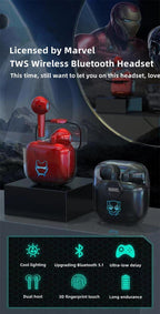 Marvel Iron Man Black Panther Wireless Earbuds, Marvel TWS Bluetooth 5.1 Headphones with LED Light