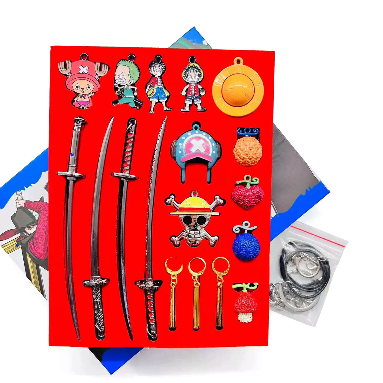 Ensemble de bijoux One Piece Luffy Zoro Anime, porte-clés affiche de recherche épée fruit du démon boîte de collection en métal