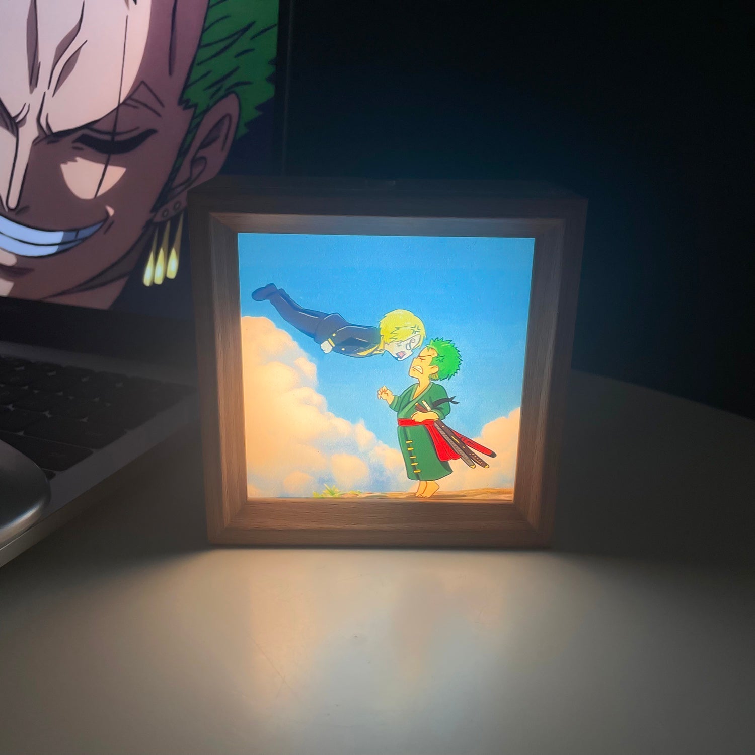 Tableau décoratif lumineux en bois massif Luffy/Ace, petite veilleuse, cadre photo, tableau décoratif.